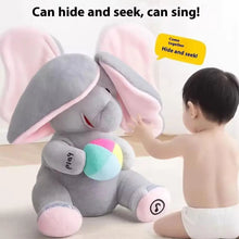 Load image into Gallery viewer, Plush toy elephant with a baby interacting, text 'Can hide and seek, can sing!' displayed.
